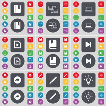 Dictionary, Connection, Laptop, Media file, Dictionary, Media skip, Back, Pencil, Light bulb icon symbol. A large set of flat, colored buttons for your design. illustration