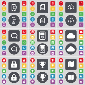 SMS, Text file, Cloud, Chat bubble, Player, Cloud, Lock, Cup, Map icon symbol. A large set of flat, colored buttons for your design. illustration
