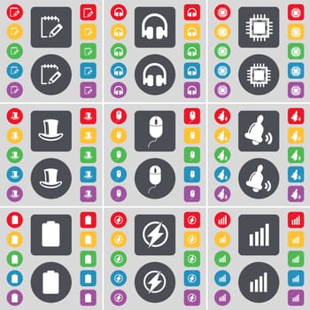 Notebook, Headphones, Processor, Silk hat, Mouse, Bell, Battery, Flash, Diagram icon symbol. A large set of flat, colored buttons for your design. illustration