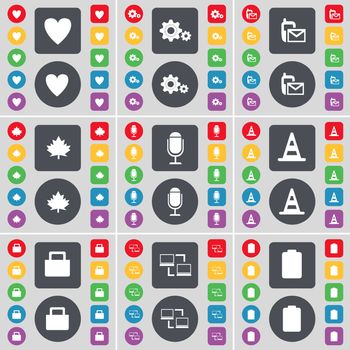 Heart, Gear, SMS, Maple leaf, Microphone, Cone, Lock, Connection, Battery icon symbol. A large set of flat, colored buttons for your design. illustration
