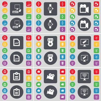 PC, Wrist watch, Film camera, Graph file, Medal, Monitor, Survey, Film camera, Monitor icon symbol. A large set of flat, colored buttons for your design. illustration