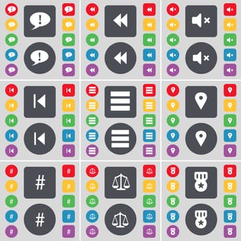 Chat bubble, Rewind, Mute, Media skip, Apps, Checkpoint, Hashtag, Scales, Medal icon symbol. A large set of flat, colored buttons for your design. illustration