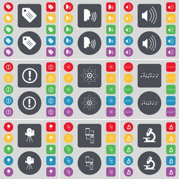 Tag, Talk, Sound, Warning, Star, Note, Film camera, Connection, Microscope icon symbol. A large set of flat, colored buttons for your design. illustration