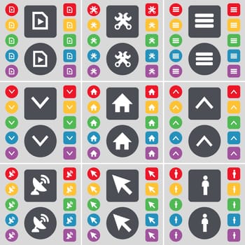 Media file, Wrench, Apps, Arrow down, House, Arrow up, Satellite dish, Cursor, Silhouette icon symbol. A large set of flat, colored buttons for your design. illustration