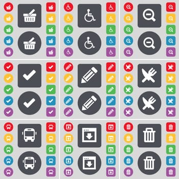 Basket, Disabled person, Magnifying glass, Tick, Pencil, Fork and knife, Bus, Window, Trash can icon symbol. A large set of flat, colored buttons for your design. illustration