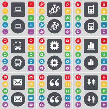 Laptop, Speaker, Calculator, Bus, Processor, Diagram, Message, Quotation mark, Silhouette icon symbol. A large set of flat, colored buttons for your design. illustration