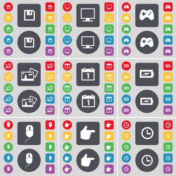Floppy, Monitor, Gamepad, Picture, Calendar, Charging, Mouse, Hand, Clock icon symbol. A large set of flat, colored buttons for your design. illustration
