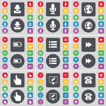 Avatar, Microphone, Earth, Battery, List, Rewind, Hand, Monitor, Retro phone icon symbol. A large set of flat, colored buttons for your design. illustration