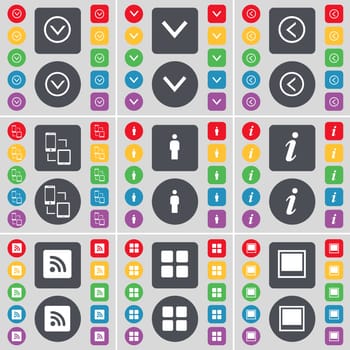 Arrow down, Arrow left, Connection, Silhouette, Information, RSS, Apps, Window icon symbol. A large set of flat, colored buttons for your design. illustration