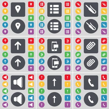 Checkpoint, List, Microphone connector, Arrow up, SMS, Clip, Sound, Arrow up, Receiver icon symbol. A large set of flat, colored buttons for your design. illustration