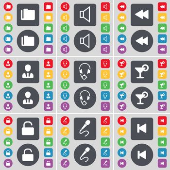 Folder, Sound, Rewind, Avatar, Headphones, Cocktail, Lock, Microphone, Media skip icon symbol. A large set of flat, colored buttons for your design. illustration