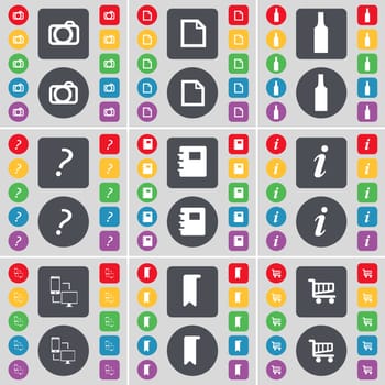 Camera, File, Bottle, Question mark, Notebook, Information, Connection, Marker, Shopping cart icon symbol. A large set of flat, colored buttons for your design. illustration