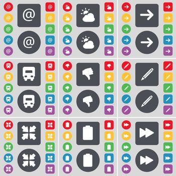 Mail, Cloud, Arrow right, Truck, Dislike, Pencil, Deploying screen, Battery, Rewind icon symbol. A large set of flat, colored buttons for your design. illustration