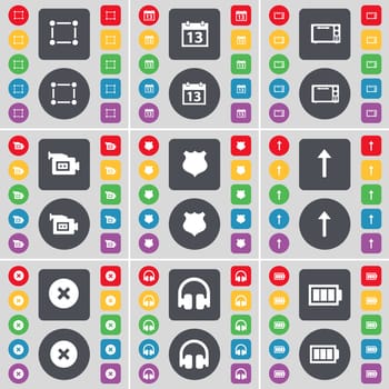 Frame, Calendar, Microwave, Film camera, Police badge, Arrow up, Stop, Headphones, Battery icon symbol. A large set of flat, colored buttons for your design. illustration