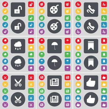Lock, Videotape, Receiver, Cloud, Umbrella, Marker, Scissors, Newspaper, Like icon symbol. A large set of flat, colored buttons for your design. illustration