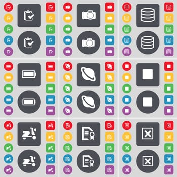 Survey, Camera, Database, Battery, Planet, Media stop, Scooter, Text file, Stop icon symbol. A large set of flat, colored buttons for your design. illustration
