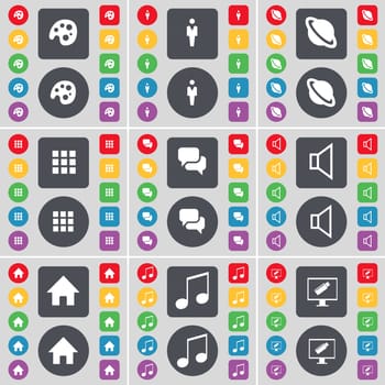 Palette, Silhouette, Planet, Apps, Chat, Sound, House, Note, Monitor icon symbol. A large set of flat, colored buttons for your design. illustration