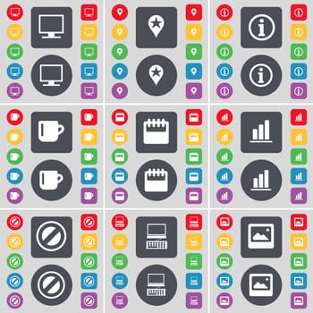 Monitor, Checkpoint, Information, Cup, Calendar, Diagram, Stop, Laptop, Window icon symbol. A large set of flat, colored buttons for your design. illustration