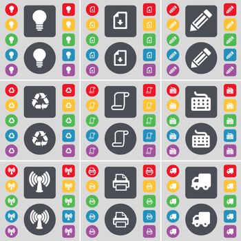 Light bulb, Download file, Pencil, Recycling, Scroll, Keyboard, Wi-Fi, Printer, Truck icon symbol. A large set of flat, colored buttons for your design. illustration