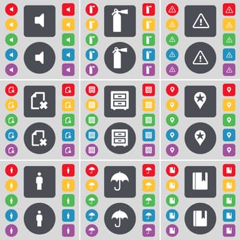 Sound, Fire extinguisher, Warning, File, Bed-table, Checkpoint, Silhouette, Umbrella, Dictionary icon symbol. A large set of flat, colored buttons for your design. illustration