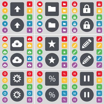 Arrow up, Folder, Lock, Cloud, Star, Pencil, Gear, Pencil, Pause icon symbol. A large set of flat, colored buttons for your design. illustration
