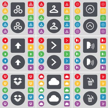 Gear, Hanger, Arrow up, Arrow right, Talk, Dropbox, Cloud, Trash can icon symbol. A large set of flat, colored buttons for your design. illustration