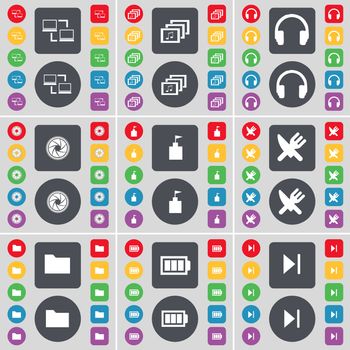 Connection, Gallery, Headphones, Lens, Flag tower, Fork and knife, Folder, Battery, Media skip icon symbol. A large set of flat, colored buttons for your design. illustration