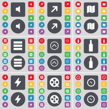 Sound, Full screen, Map, App, Arrow up, Bottle, Flash, Videotape, Compass icon symbol. A large set of flat, colored buttons for your design. illustration