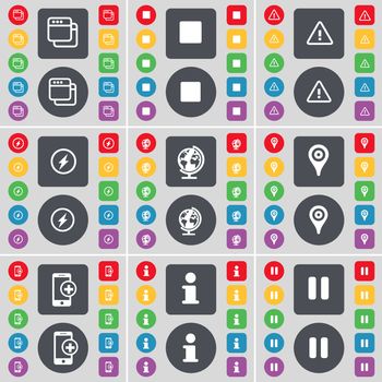 Window, Media stop, Warning, Flash, Globe, Checkpoint, Smartphone, Information, Pause icon symbol. A large set of flat, colored buttons for your design. illustration