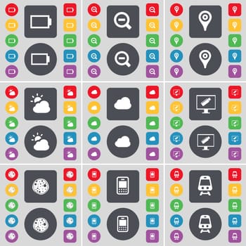 Battery, Magnifying glass, Checkpoint, Cloud, Monitor, Pizza, Mobile phone, Train icon symbol. A large set of flat, colored buttons for your design. illustration