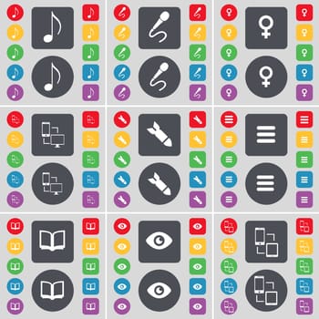 Note, Microphone, Venus symbol, Connection, Rocket, Apps, Book, Vision icon symbol. A large set of flat, colored buttons for your design. illustration