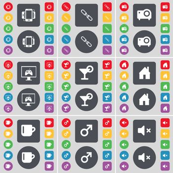 Smartphone, Link, Projector, Monitor, Cocktail, House, Cup, Mars symbol, Mute icon symbol. A large set of flat, colored buttons for your design. illustration