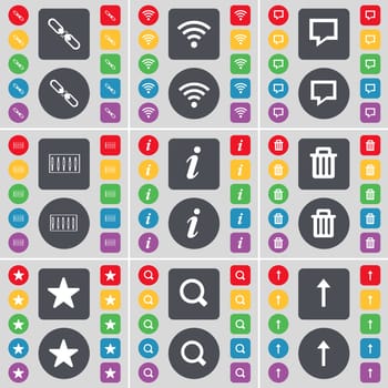 Link, Wi-Fi, Chat bubble, Equalizer, Information, Trash can, Star, Magnifying glass, Arrow up icon symbol. A large set of flat, colored buttons for your design. illustration
