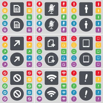 File, Microphone, Silhouette, Full screen, File, Tablet PC, Stop, Wi-Fi, Exclamation mark icon symbol. A large set of flat, colored buttons for your design. illustration