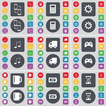 Connection, Calculator, Gear, Note, Truck, Gamepad, Cup, Charging, Hourglass icon symbol. A large set of flat, colored buttons for your design. illustration