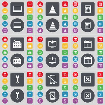 Laptop, Cone, Calculator, Keyboard, Monitor, Calculator, Wrench, Smartphone, Stop icon symbol. A large set of flat, colored buttons for your design. illustration