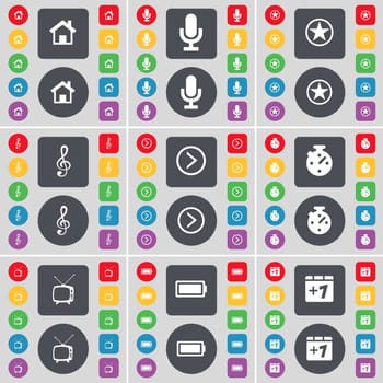 House, Microphone, Star, Clef, Arrow right, Stopwatch, Retro TV, Battery, Plus one icon symbol. A large set of flat, colored buttons for your design. illustration