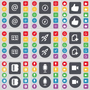 Mail, Flash, Like, Credit card, Rocket, File, Notebook, Microphone, Film camera icon symbol. A large set of flat, colored buttons for your design. illustration
