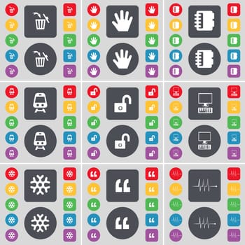 Trash can, Hand, Notebook, Train, Lock, PC, Snowflake, Quotation mark, Pulse icon symbol. A large set of flat, colored buttons for your design. illustration