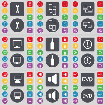 Wrench, Connection, Monitor, Bottle, Warning, Sound, DVD icon symbol. A large set of flat, colored buttons for your design. illustration