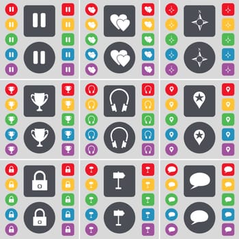Pause, Heart, Compass, Cup, Headphones, Checkpoint, Lock, Signpost, Chat bubble icon symbol. A large set of flat, colored buttons for your design. illustration