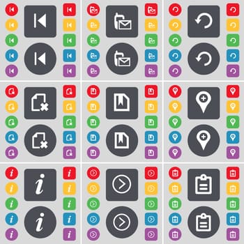Media skip, SMS, Reload, File, Checkpoint, Information, Arrow right, Survey icon symbol. A large set of flat, colored buttons for your design. illustration
