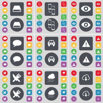 Hard drive, Connection, Vision, Chat bubble, Car, Warning, Fork and knife, Cloud icon symbol. A large set of flat, colored buttons for your design. illustration