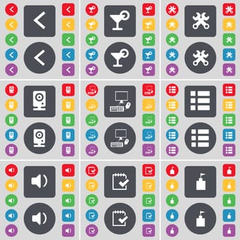 Arrow left, Cocktail, Wrench, Speaker, PC, List, Sound, Survey, Flag tower icon symbol. A large set of flat, colored buttons for your design. illustration