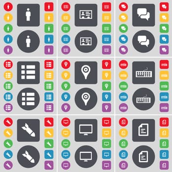 Silhouette, Credit card, Chat, List, Checkpoint, Keyboard, Rocket, Monitor, Text file icon symbol. A large set of flat, colored buttons for your design. illustration