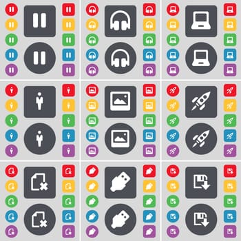 Pause, Headphones, Laptop, Silhouette, Window, Rocket, File, USB, Floppy icon symbol. A large set of flat, colored buttons for your design. illustration