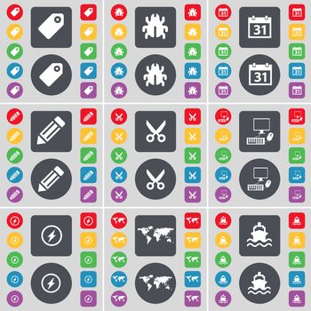 Tag, Bug, Calendar, Pencil, Scissors, PC, Flash, Globe, Ship icon symbol. A large set of flat, colored buttons for your design. illustration