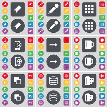 Marker, Microphone, Apps, Smartphone, Arrow right, Cup, Copy, Database, Negative films icon symbol. A large set of flat, colored buttons for your design. illustration