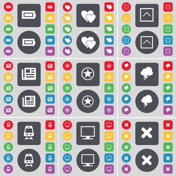 Battery, Heart, Arrow up, Newspaper, Star, Lightning, Train, Monitor, Stop icon symbol. A large set of flat, colored buttons for your design. illustration