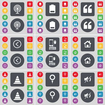 Wi-Fi, Battery, Quotation mark, Arrow left, Smartphone, House, Cone, Checkpoint, Mute icon symbol. A large set of flat, colored buttons for your design. illustration